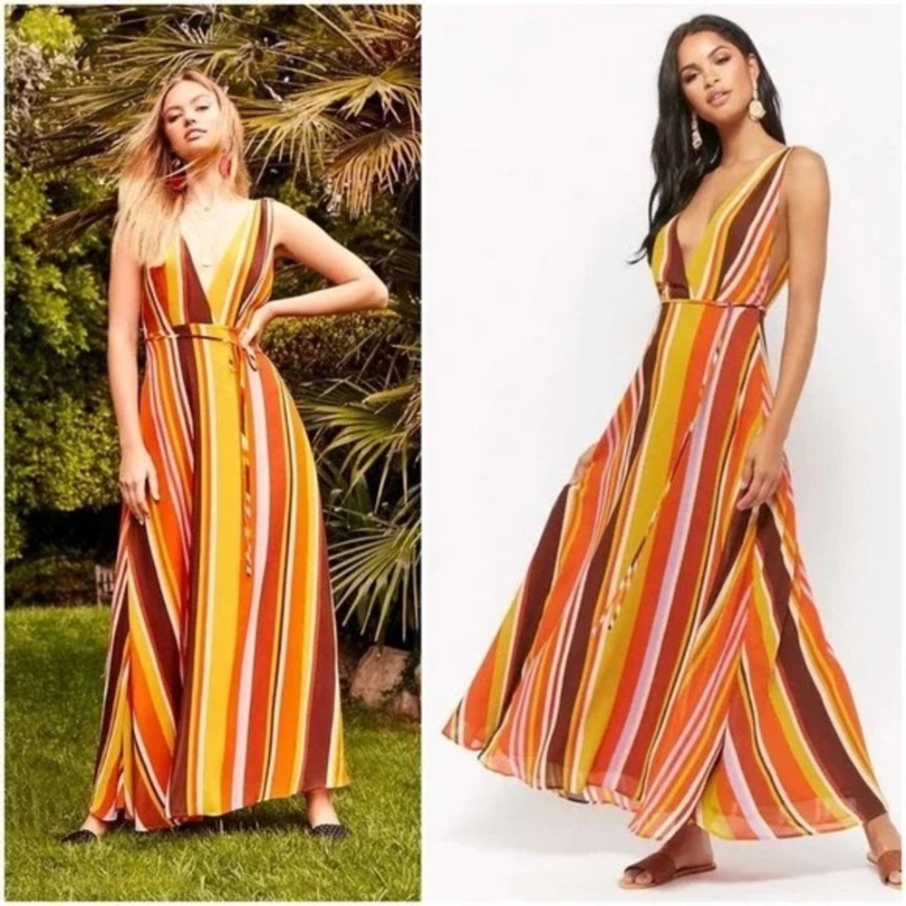 Citrus Striped Deep V-Neck Flowy Maxi Dress